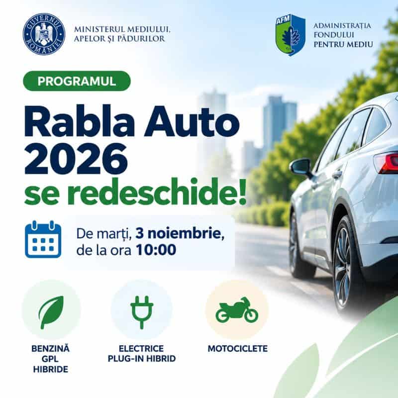 Se redeschide sesiunea Rabla Auto 2026 pentru persoane fizice: fonduri de peste 35 de milioane de lei