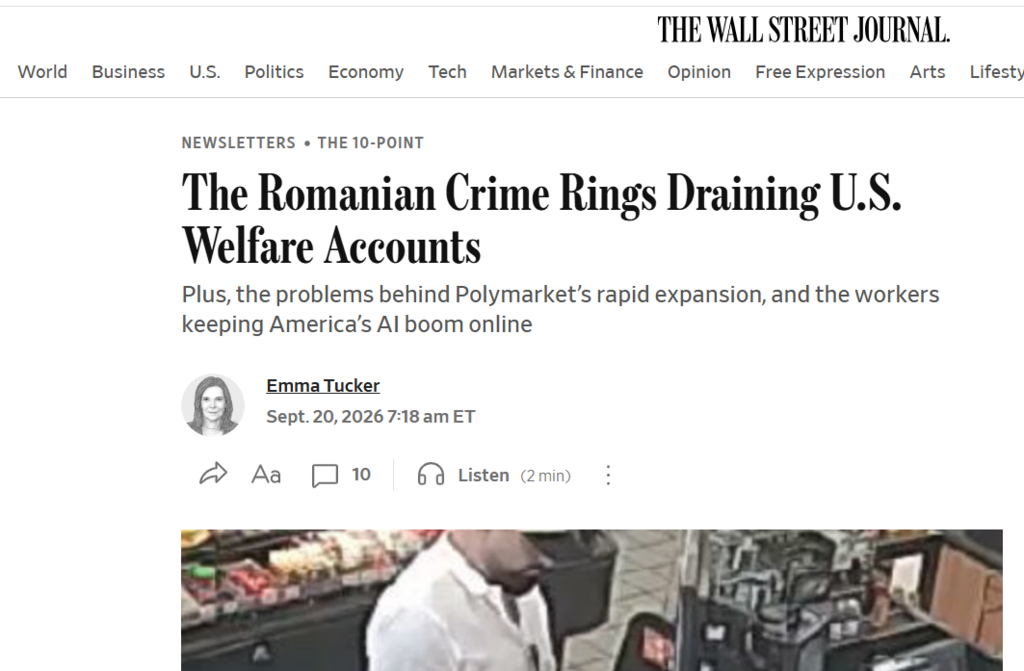 Investigație Wall Street Journal: Rețele de români fură sute de milioane de dolari din asistența socială a SUA