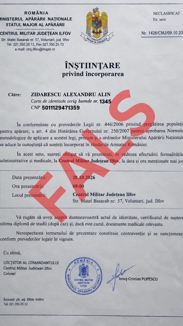 Avertisment de la MApN: Circulă documente false cu presupusa încorporare de urgență a tinerilor